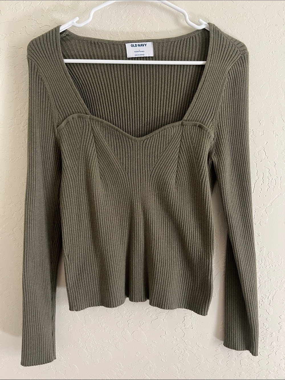 Old Navy Olive Ribbed Sweetheart Long-Sleeve Top
